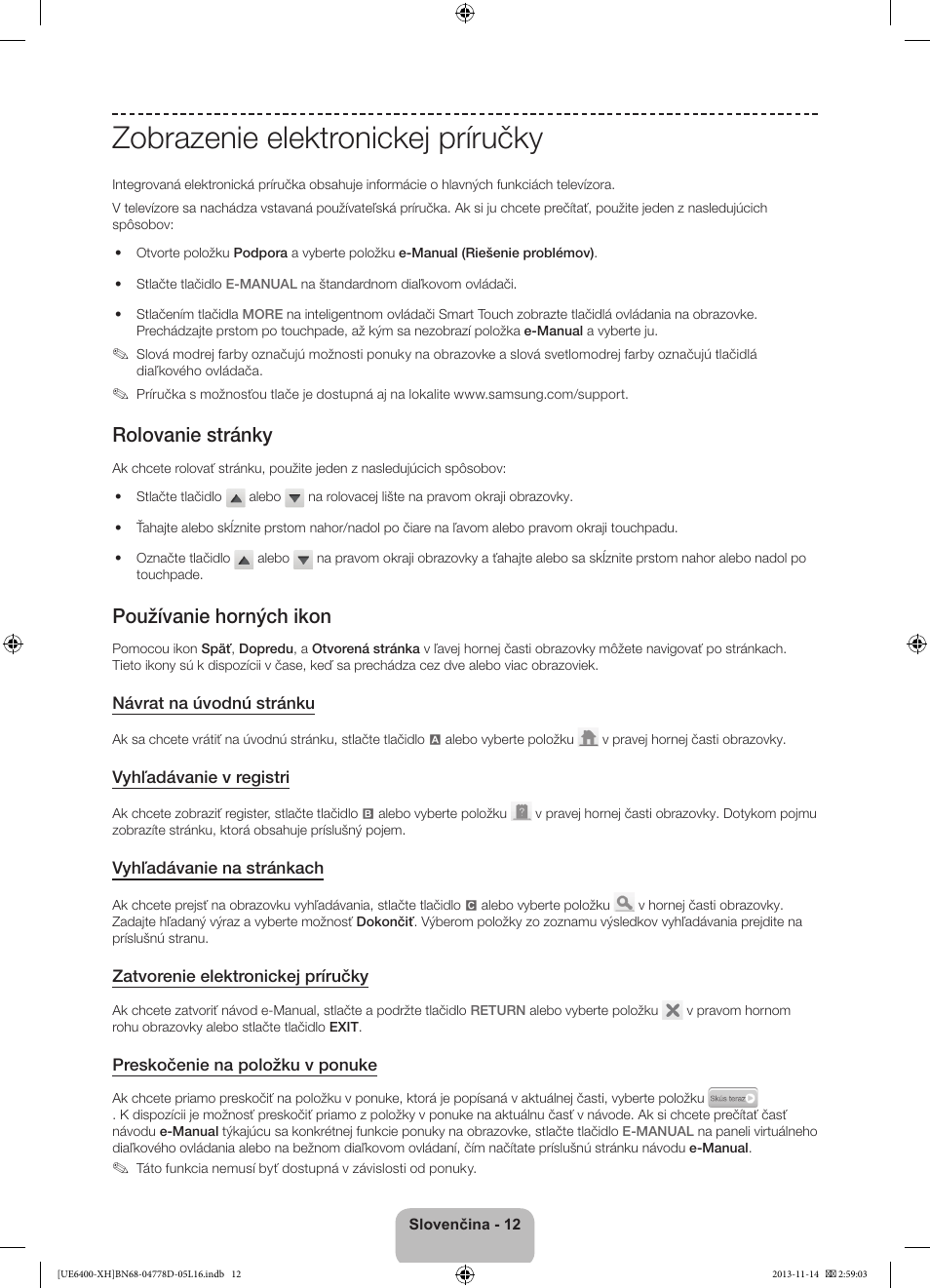 Zobrazenie elektronickej príručky, Rolovanie stránky, Používanie horných ikon | Samsung UE40F6400AK User Manual | Page 180 / 385