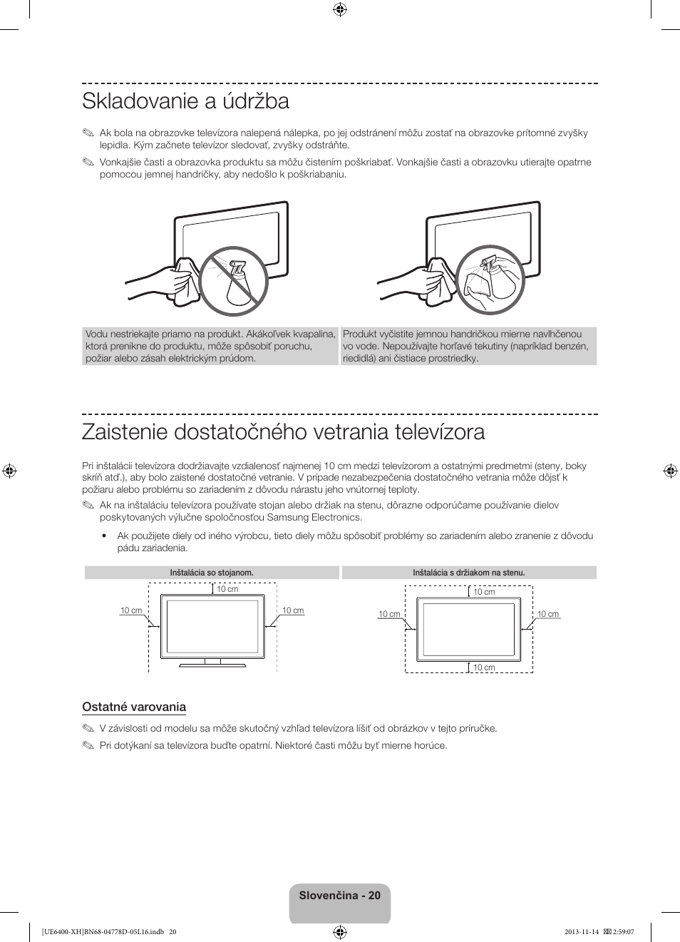 Skladovanie a údržba, Zaistenie dostatočného vetrania televízora | Samsung UE40F6400AK User Manual | Page 188 / 385