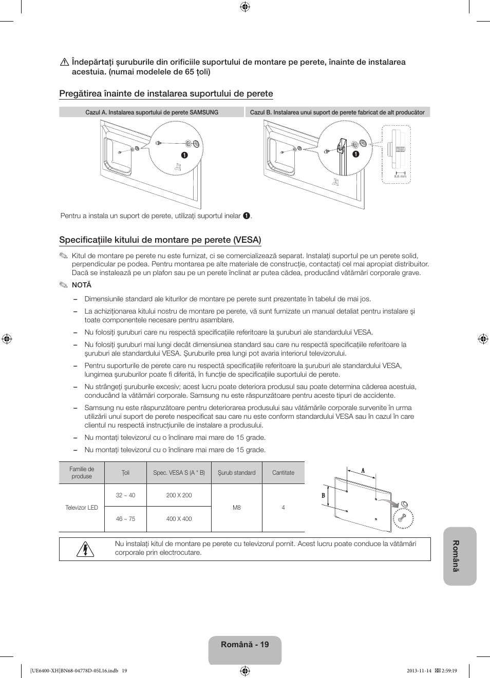 Specificaţiile kitului de montare pe perete (vesa) | Samsung UE40F6400AK User Manual | Page 211 / 385