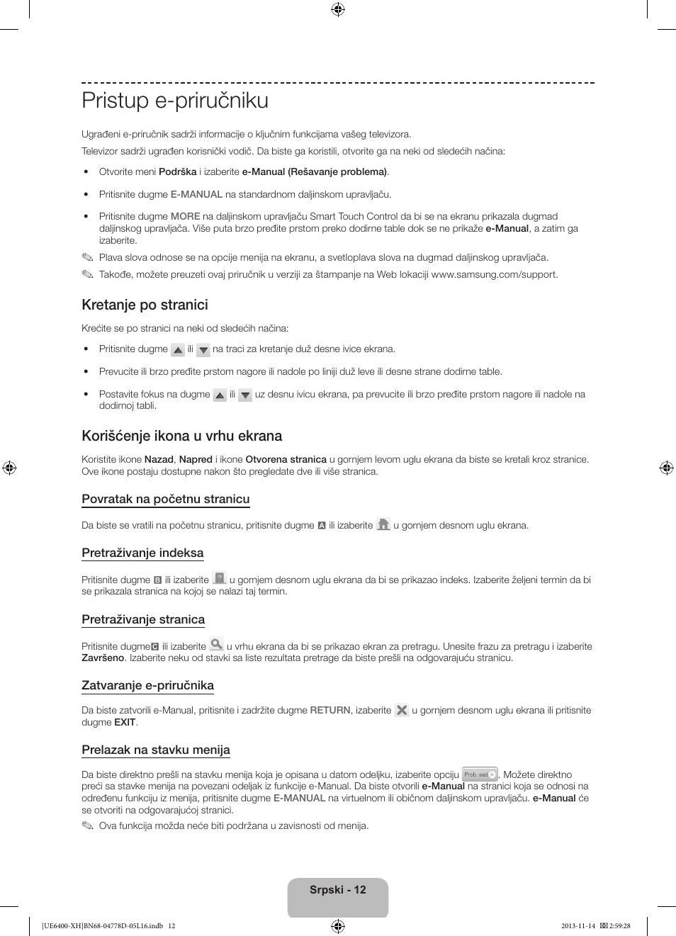 Pristup e-priručniku, Kretanje po stranici, Korišćenje ikona u vrhu ekrana | Samsung UE40F6400AK User Manual | Page 228 / 385