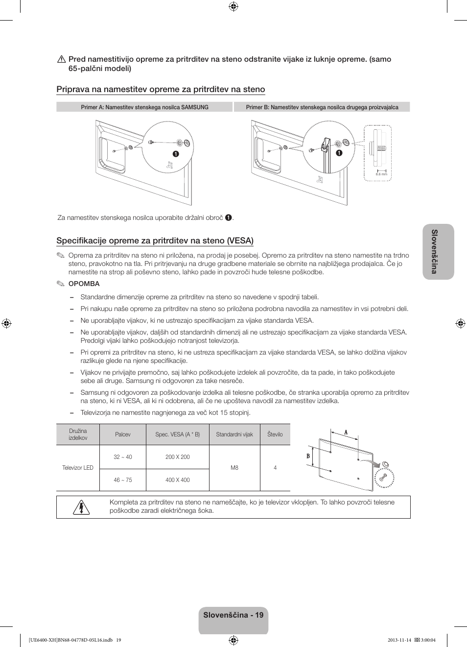 Specifikacije opreme za pritrditev na steno (vesa) | Samsung UE40F6400AK User Manual | Page 307 / 385
