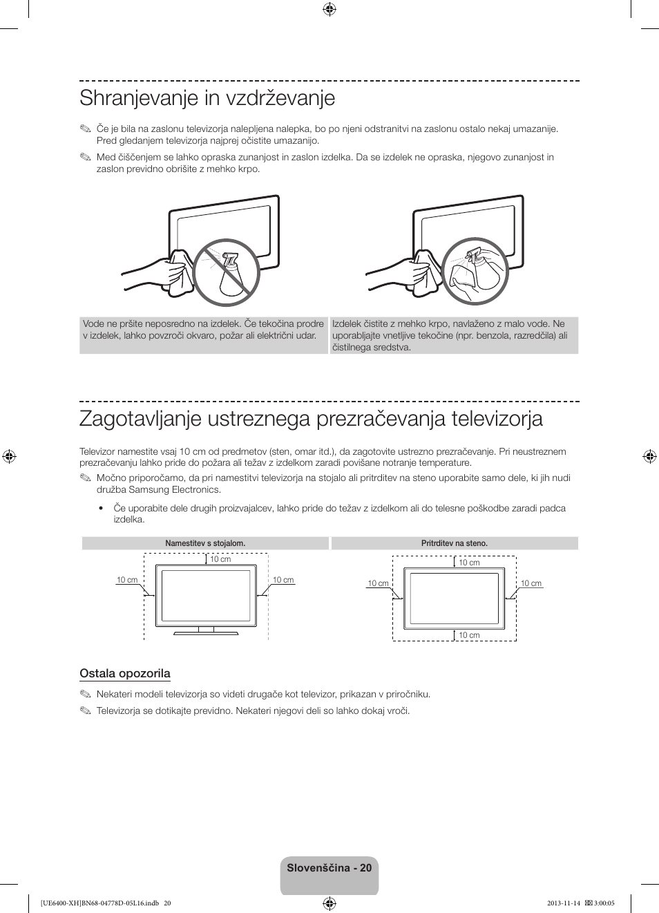 Shranjevanje in vzdrževanje, Zagotavljanje ustreznega prezračevanja televizorja | Samsung UE40F6400AK User Manual | Page 308 / 385