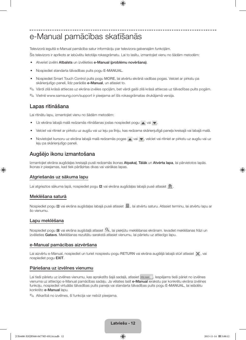 E-manual pamācības skatīšanās, Lapas ritināšana, Augšējo ikonu izmantošana | Samsung UE40F6400AK User Manual | Page 324 / 385