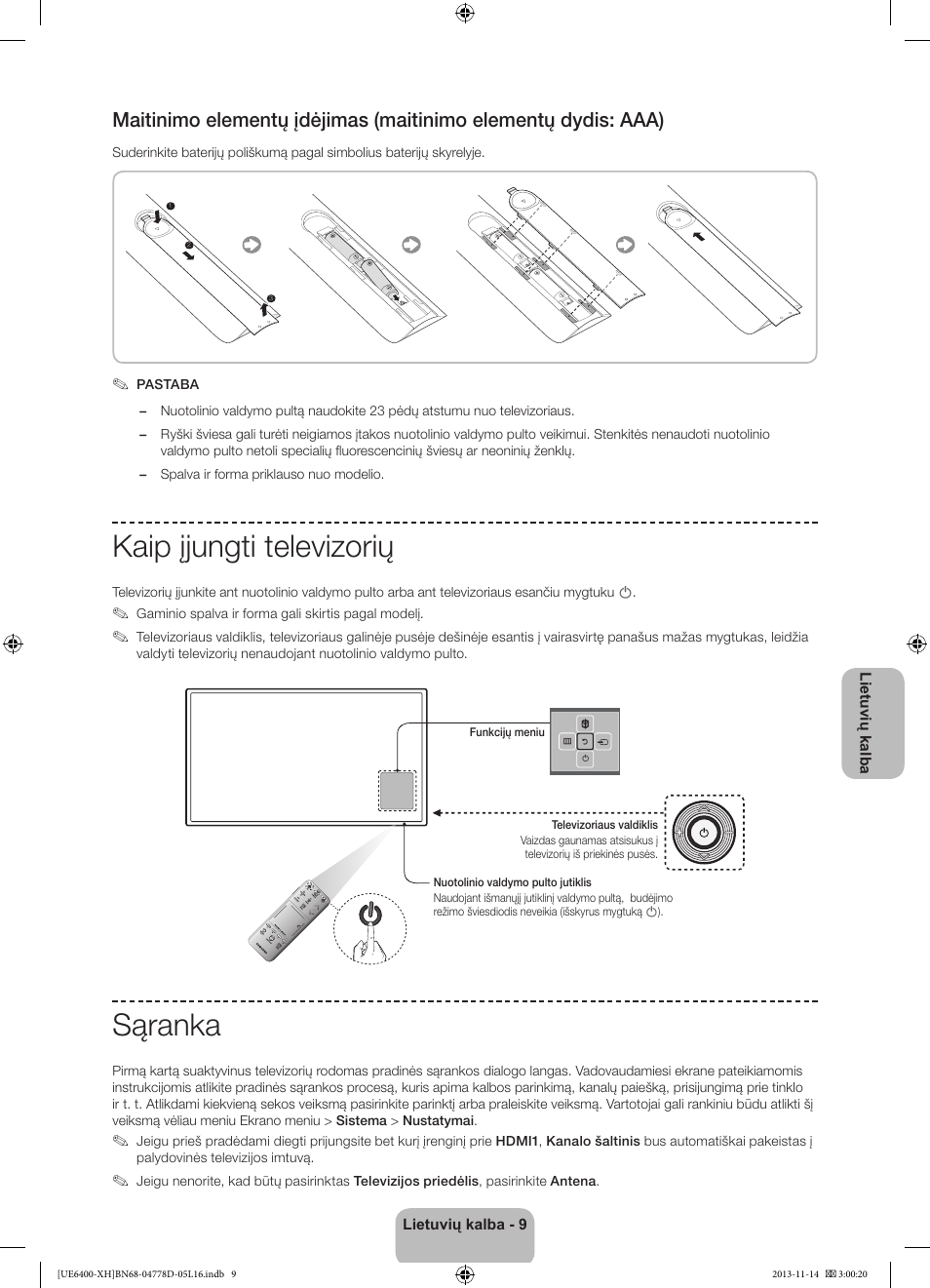 Kaip įjungti televizorių, Sąranka | Samsung UE40F6400AK User Manual | Page 345 / 385