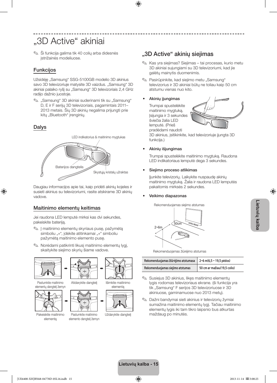 3d active“ akiniai, 3d active“ akinių siejimas | Samsung UE40F6400AK User Manual | Page 351 / 385
