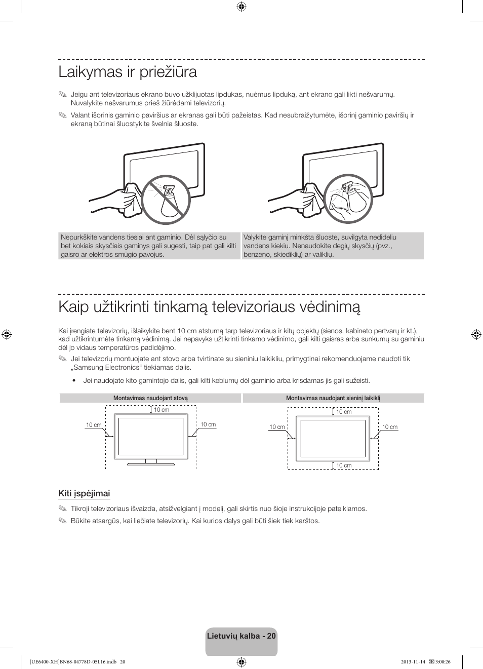 Laikymas ir priežiūra, Kaip užtikrinti tinkamą televizoriaus vėdinimą | Samsung UE40F6400AK User Manual | Page 356 / 385