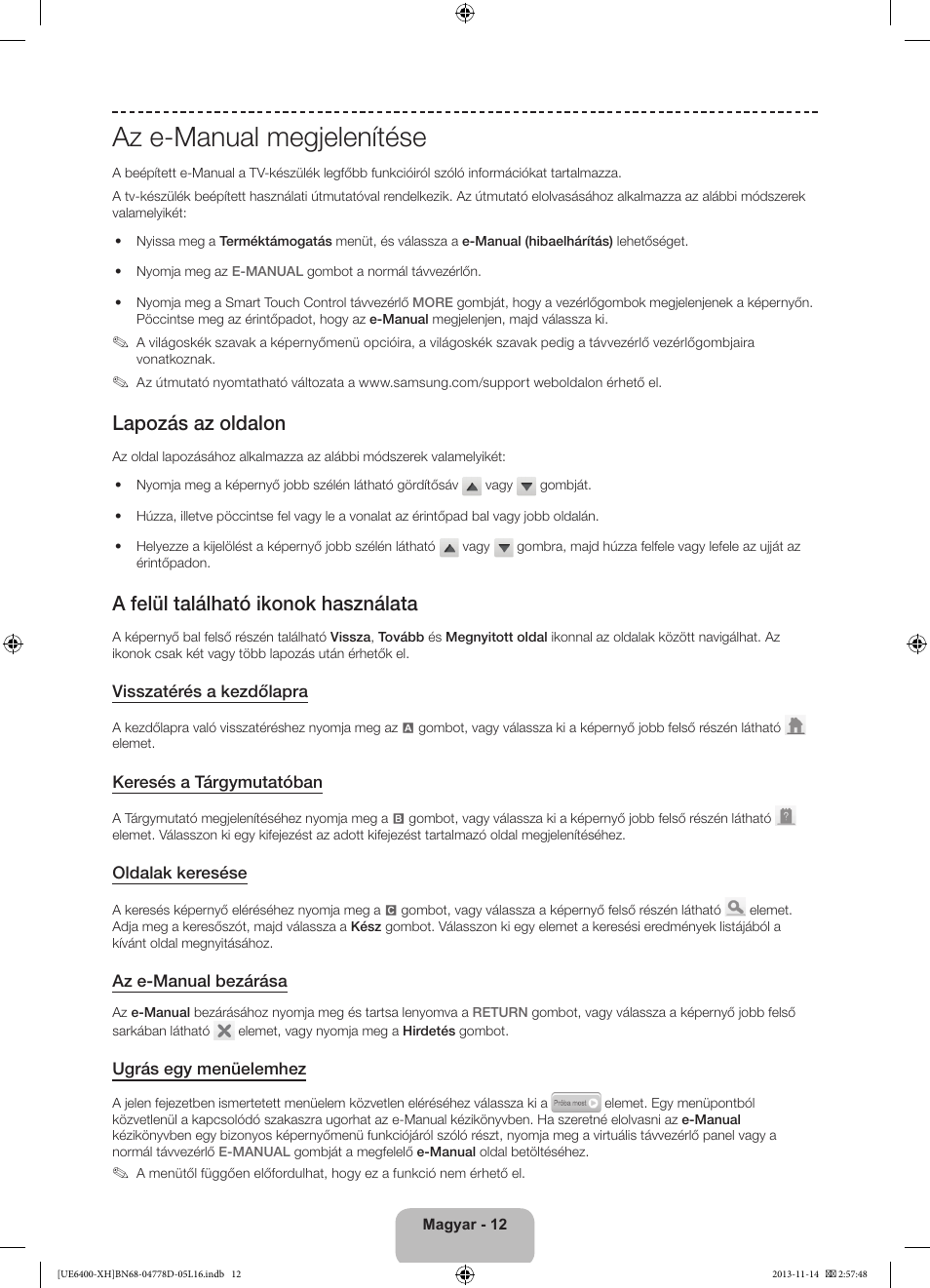 Az e-manual megjelenítése, Lapozás az oldalon, A felül található ikonok használata | Samsung UE40F6400AK User Manual | Page 36 / 385