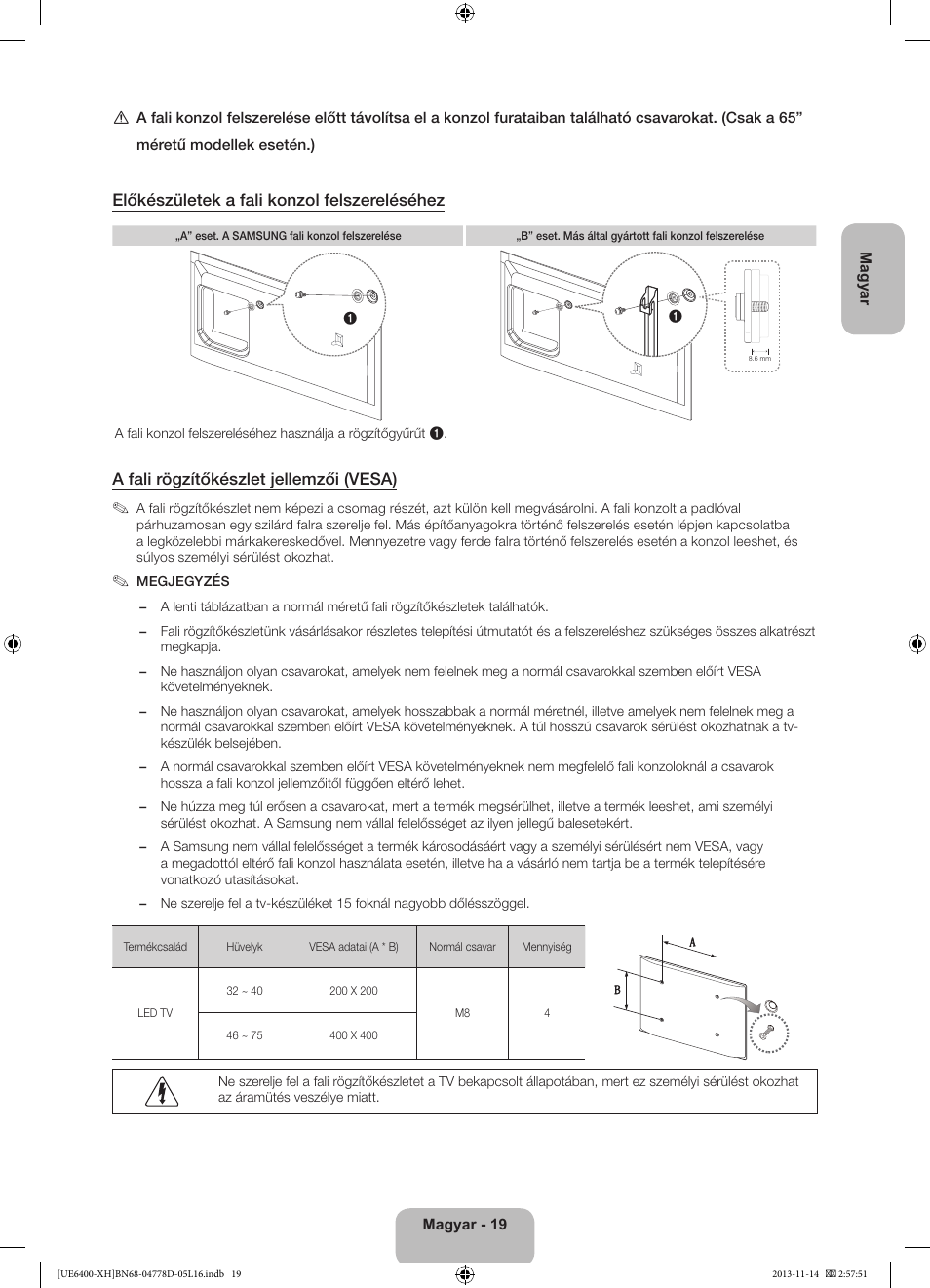 Előkészületek a fali konzol felszereléséhez, A fali rögzítőkészlet jellemzői (vesa) | Samsung UE40F6400AK User Manual | Page 43 / 385