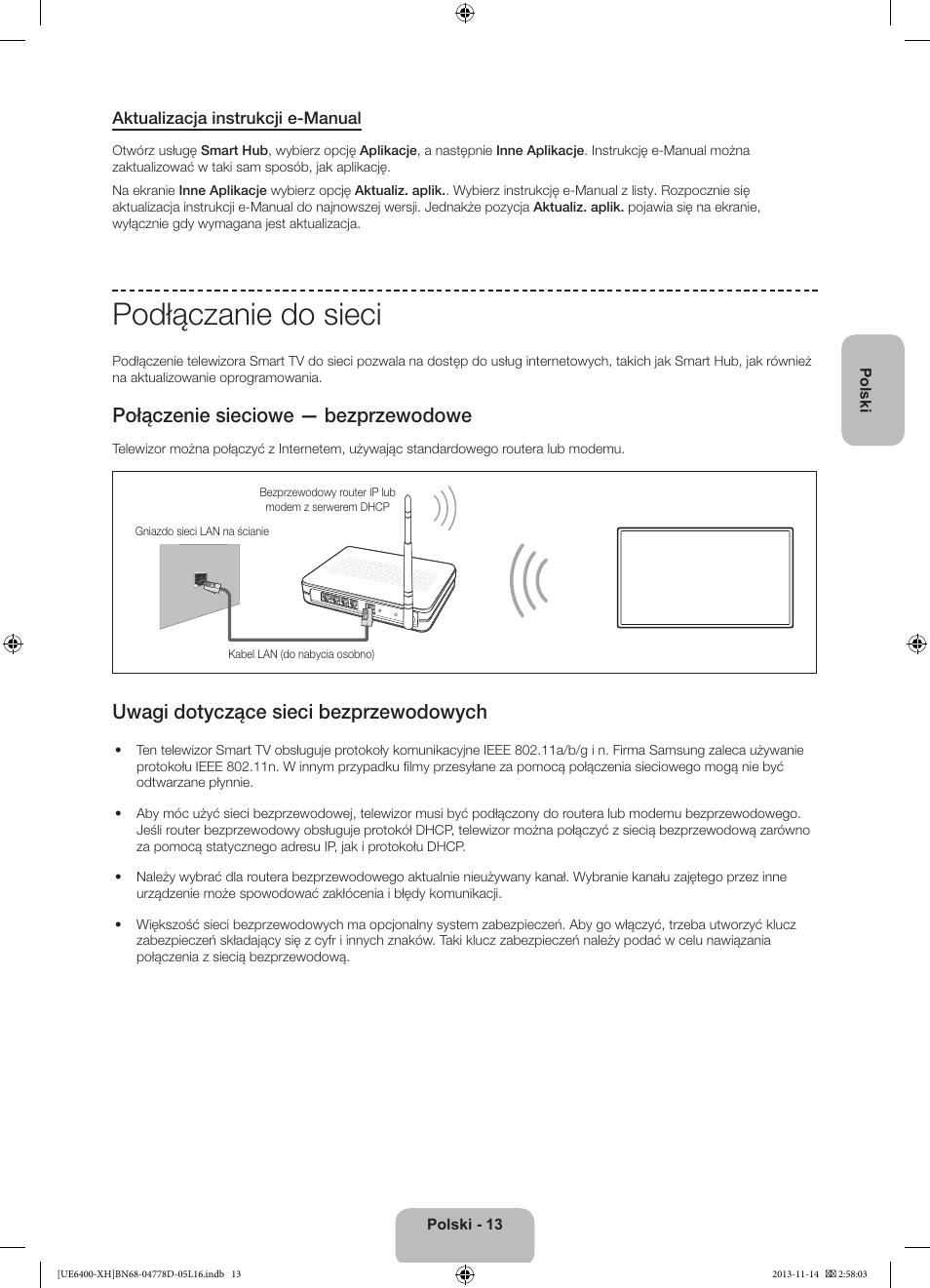 Podłączanie do sieci, Połączenie sieciowe — bezprzewodowe, Uwagi dotyczące sieci bezprzewodowych | Samsung UE40F6400AK User Manual | Page 61 / 385