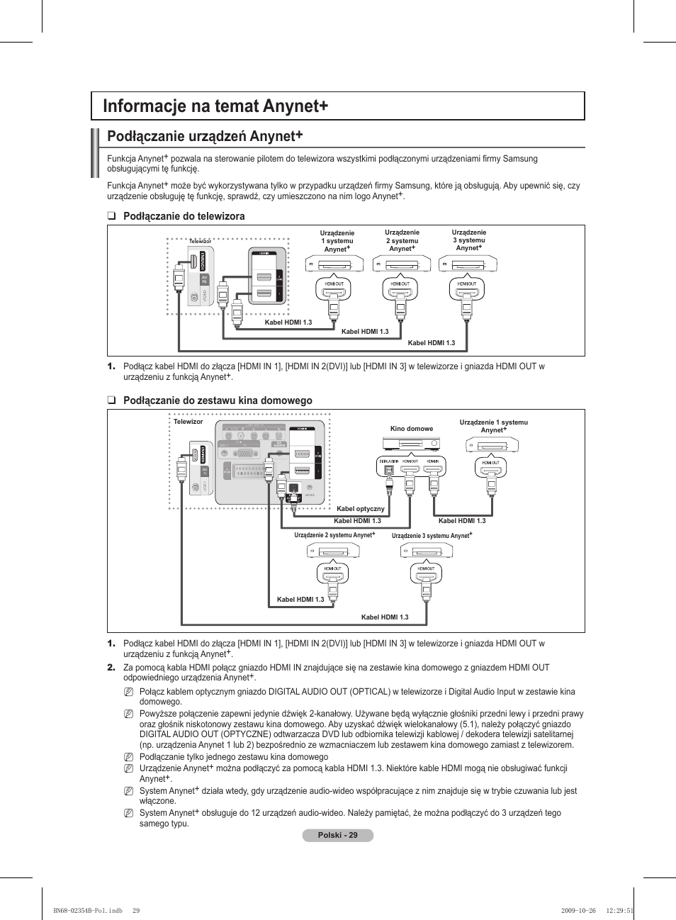 Informacje na temat anynet, Podłączanie urządzeń anynet, Podłączanie do telewizora | Podłączanie do zestawu kina domowego | Samsung PS42B451B2W User Manual | Page 107 / 393