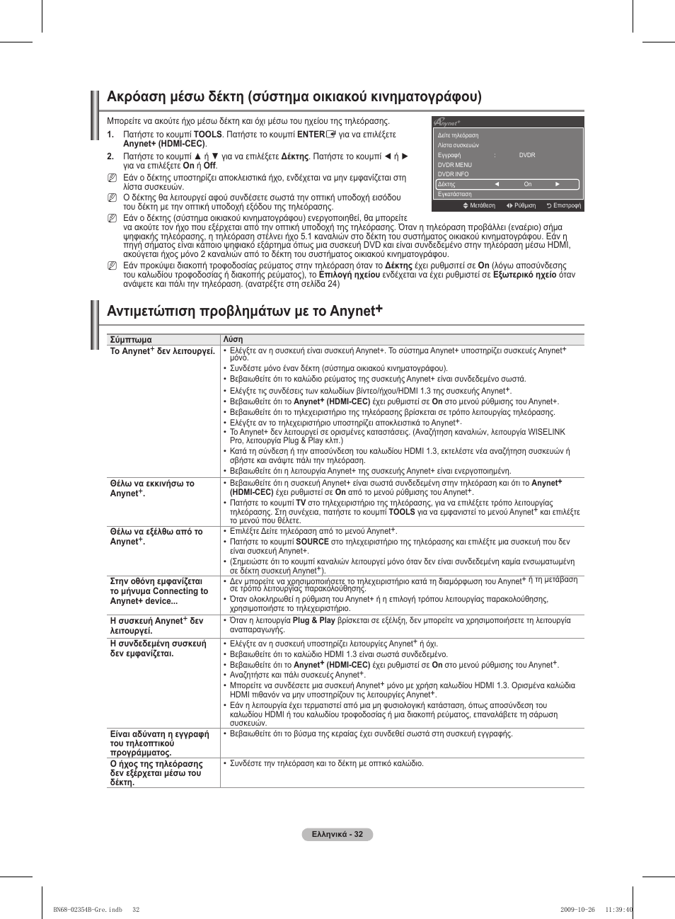 Αντιμετώπιση προβλημάτων με το anynet | Samsung PS42B451B2W User Manual | Page 149 / 393