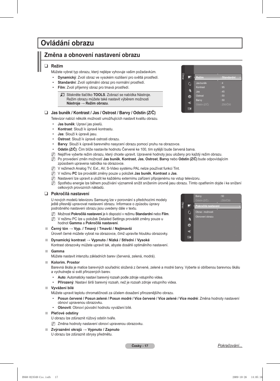 Ovládání obrazu, Změna a obnovení nastavení obrazu, Režim | Pokročilá nastavení | Samsung PS42B451B2W User Manual | Page 212 / 393