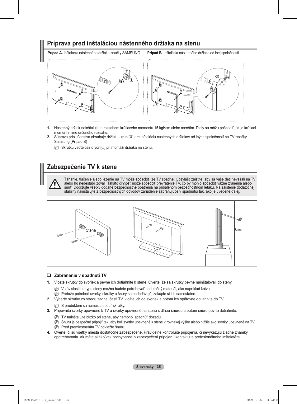 경고 주의 경고 주의, Zabezpečenie tv k stene | Samsung PS42B451B2W User Manual | Page 269 / 393