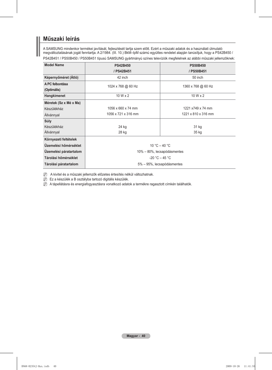 Műszaki leírás | Samsung PS42B451B2W User Manual | Page 79 / 393