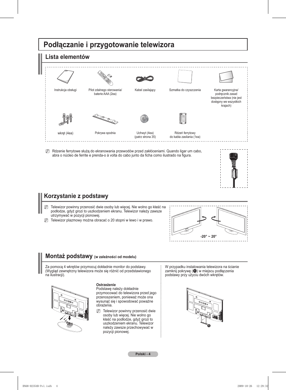 Podłączanie i przygotowanie telewizora, Lista elementów, Korzystanie z podstawy | Montaż podstawy | Samsung PS42B451B2W User Manual | Page 82 / 393