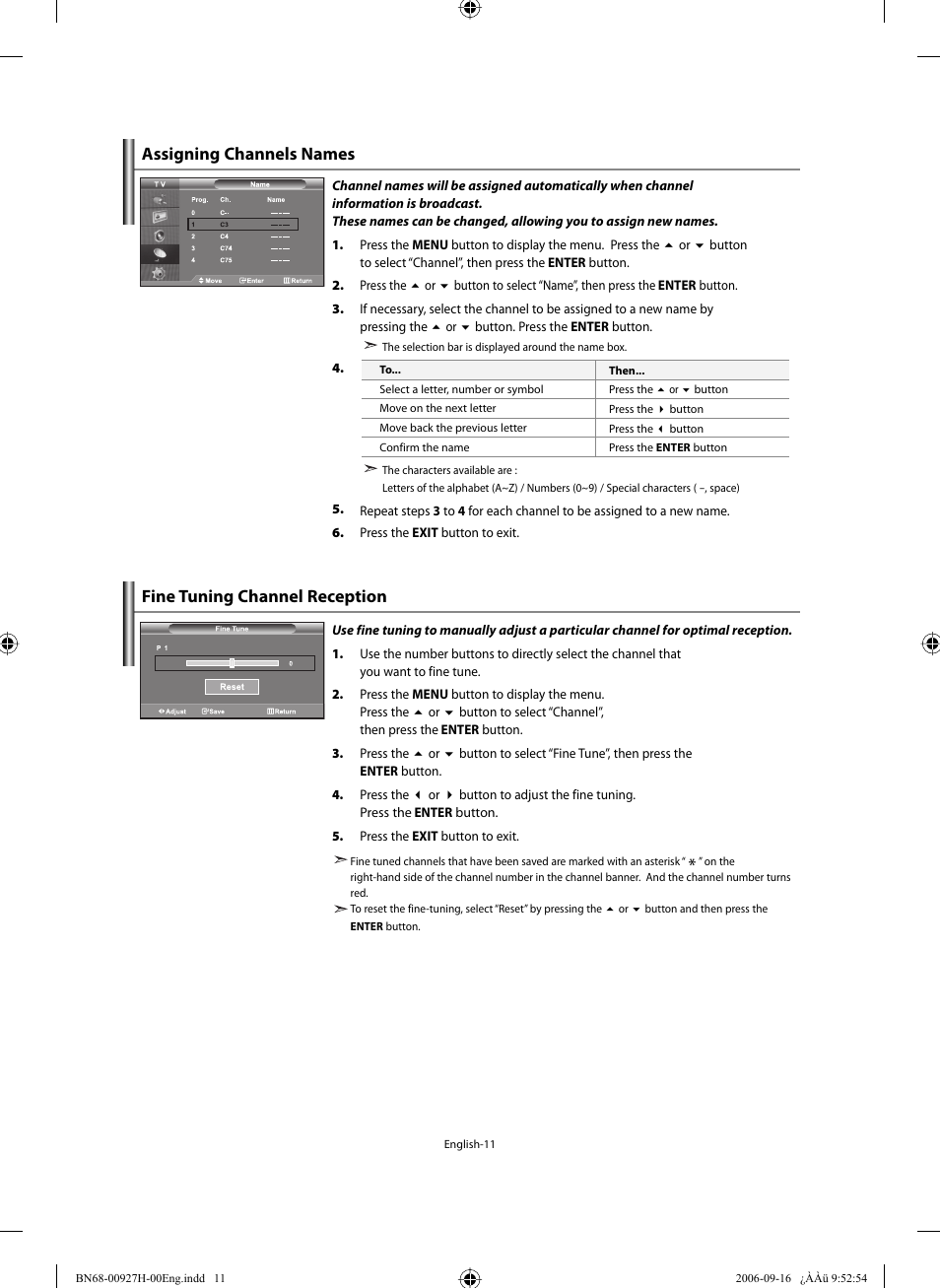 Assigning channels names, Fine tuning channel reception | Samsung LE32R32B User Manual | Page 13 / 211