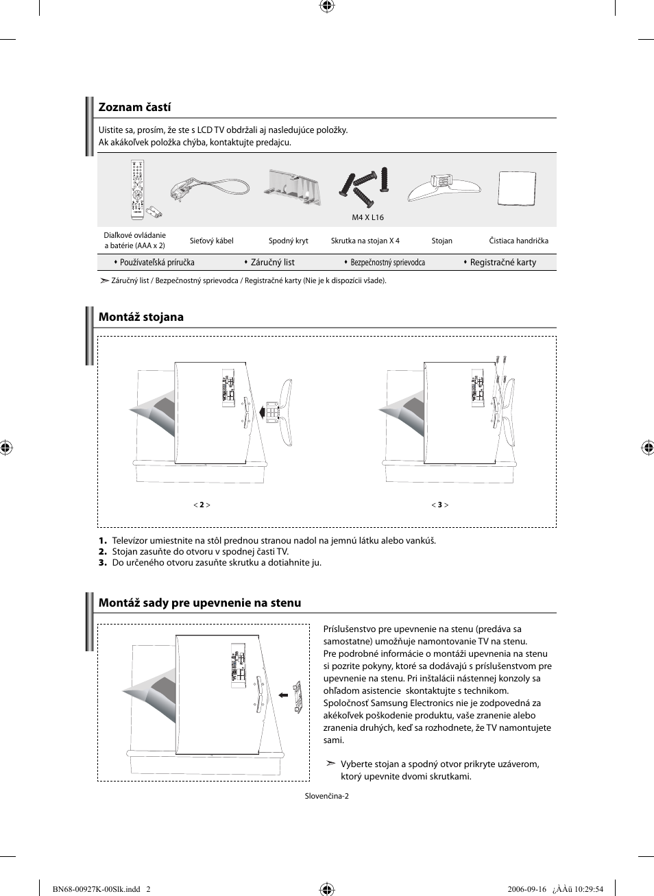 Zoznam častí, Montáž stojana, Montáž sady pre upevnenie na stenu | Samsung LE32R32B User Manual | Page 134 / 211