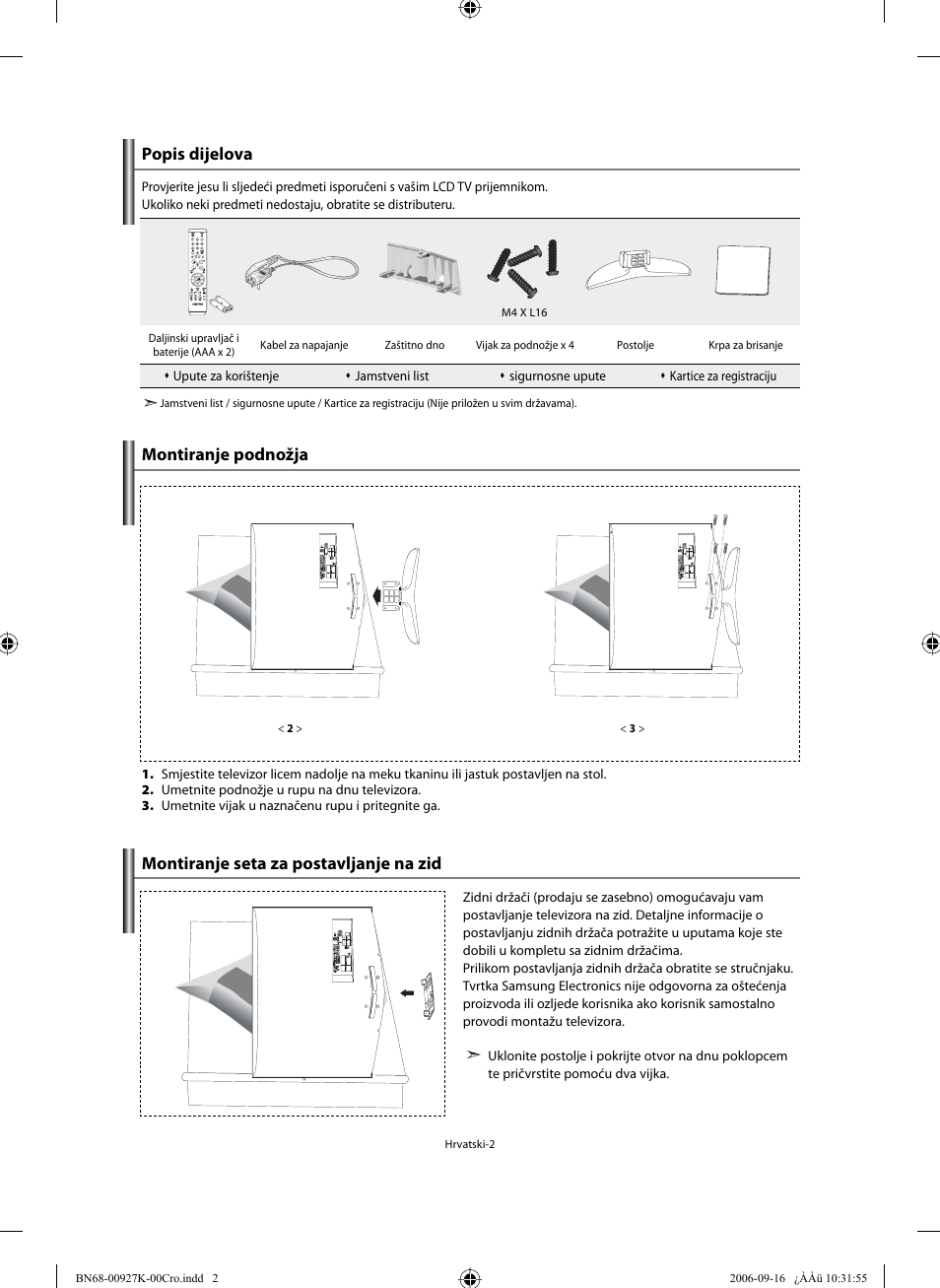Popis dijelova, Montiranje podnožja, Montiranje seta za postavljanje na zid | Samsung LE32R32B User Manual | Page 160 / 211