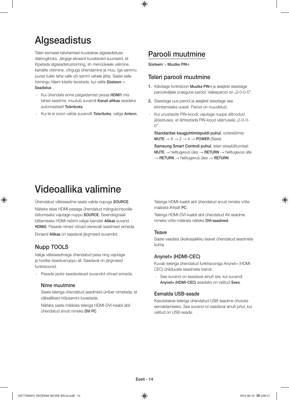 Algseadistus, Videoallika valimine, Parooli muutmine | Teleri parooli muutmine, Nupp, Tools | Samsung UE85HU7500L User Manual | Page 374 / 385