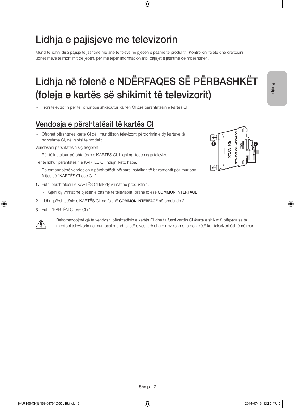 Lidhja e pajisjeve me televizorin, Vendosja e përshtatësit të kartës ci | Samsung UE55HU7100S User Manual | Page 207 / 322