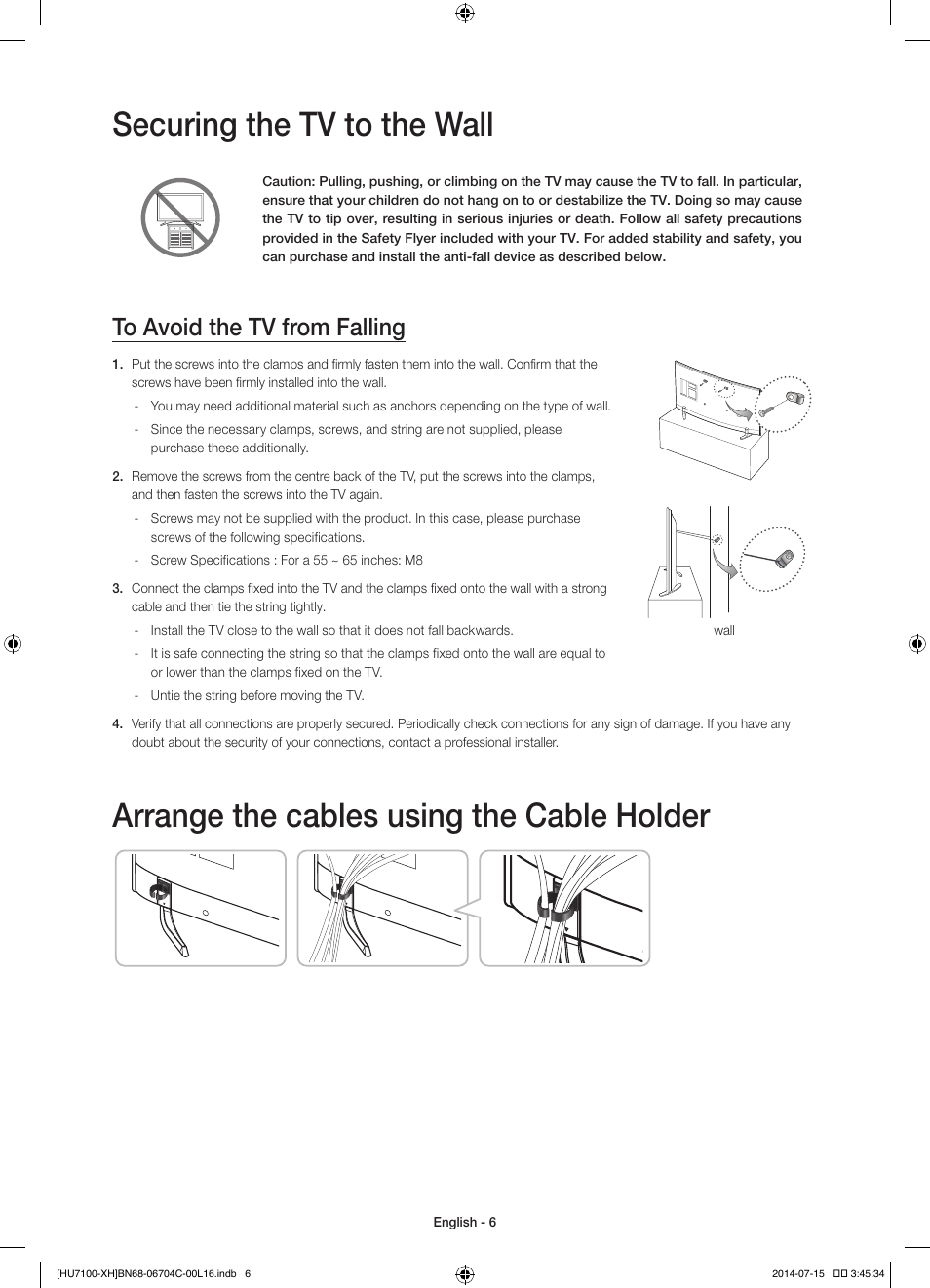 Securing the tv to the wall, Arrange the cables using the cable holder | Samsung UE55HU7100S User Manual | Page 6 / 322