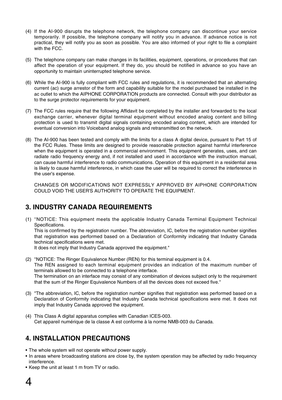 Industry canada requirements, Installation precautions | Aiphone MASTER STATION AI-MS900 User Manual | Page 4 / 16