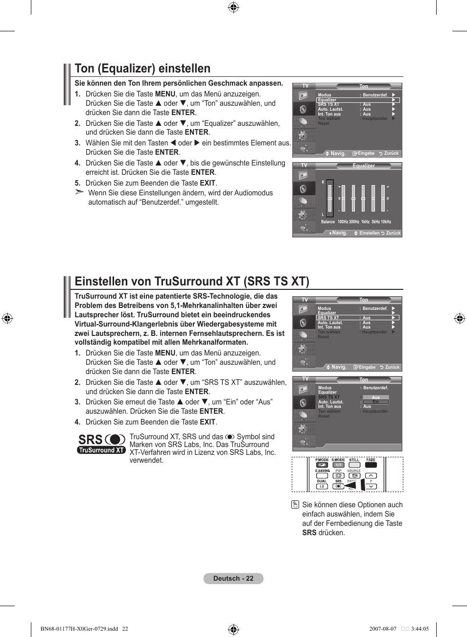 Ton (equalizer) einstellen, Einstellen von trusurround xt (srs ts xt) | Samsung LE22S81B User Manual | Page 100 / 461