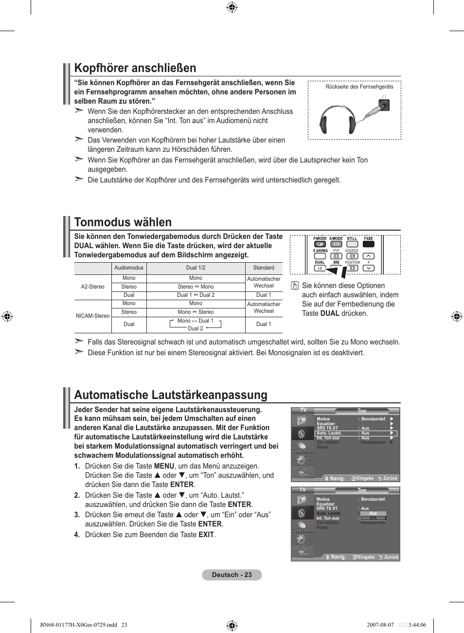 Kopfhörer anschließen, Tonmodus wählen, Automatische lautstärkeanpassung | Samsung LE22S81B User Manual | Page 101 / 461