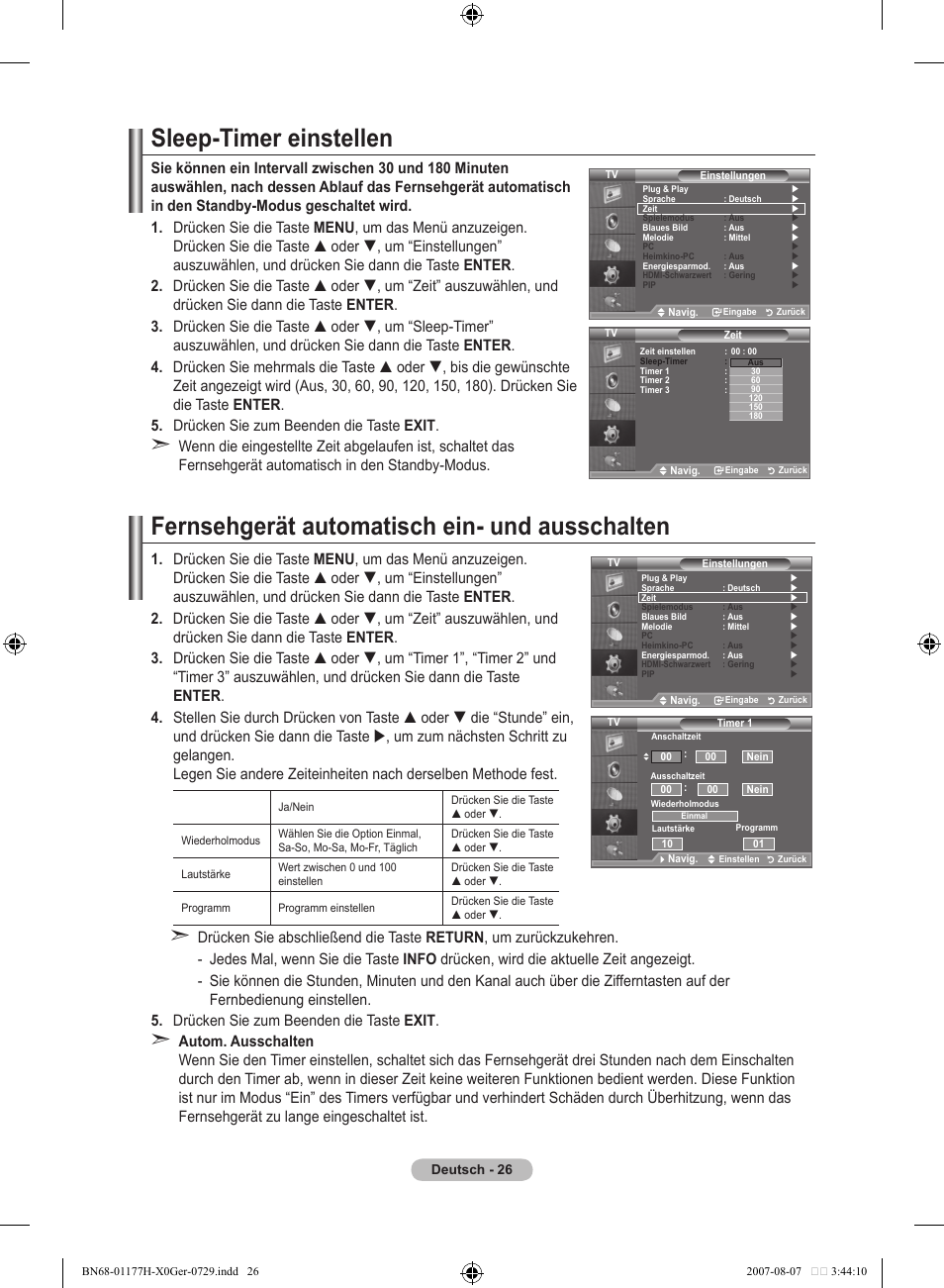 Sleep-timer einstellen, Fernsehgerät automatisch ein- und ausschalten | Samsung LE22S81B User Manual | Page 104 / 461