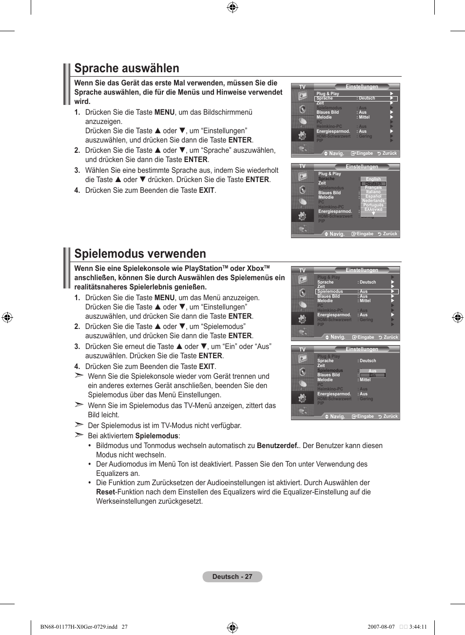 Sprache auswählen, Spielemodus verwenden, Wenn sie eine spielekonsole wie playstation | Oder xbox | Samsung LE22S81B User Manual | Page 105 / 461