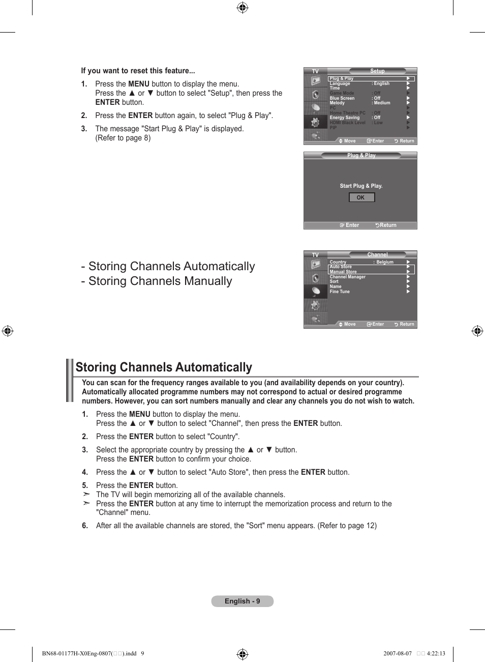 Setting the channels, Storing channels automatically | Samsung LE22S81B User Manual | Page 11 / 461