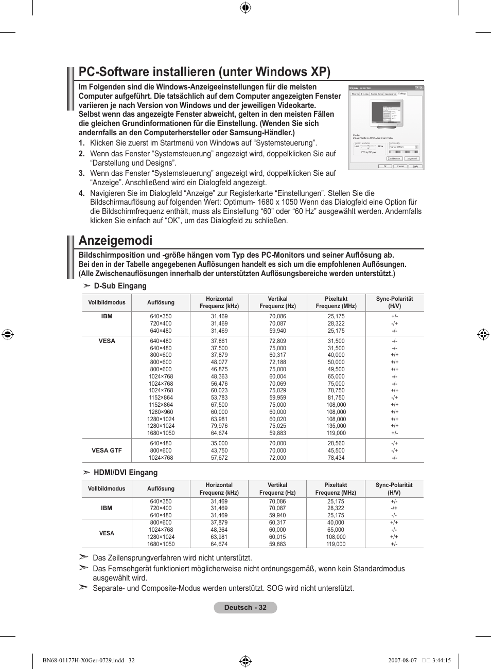 Pc-software installieren (unter windows xp), Anzeigemodi | Samsung LE22S81B User Manual | Page 110 / 461