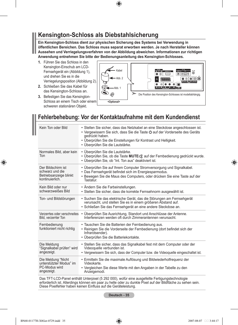 Kensington-schloss als diebstahlsicherung | Samsung LE22S81B User Manual | Page 113 / 461