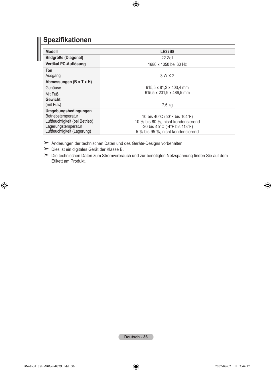 Spezifikationen | Samsung LE22S81B User Manual | Page 114 / 461