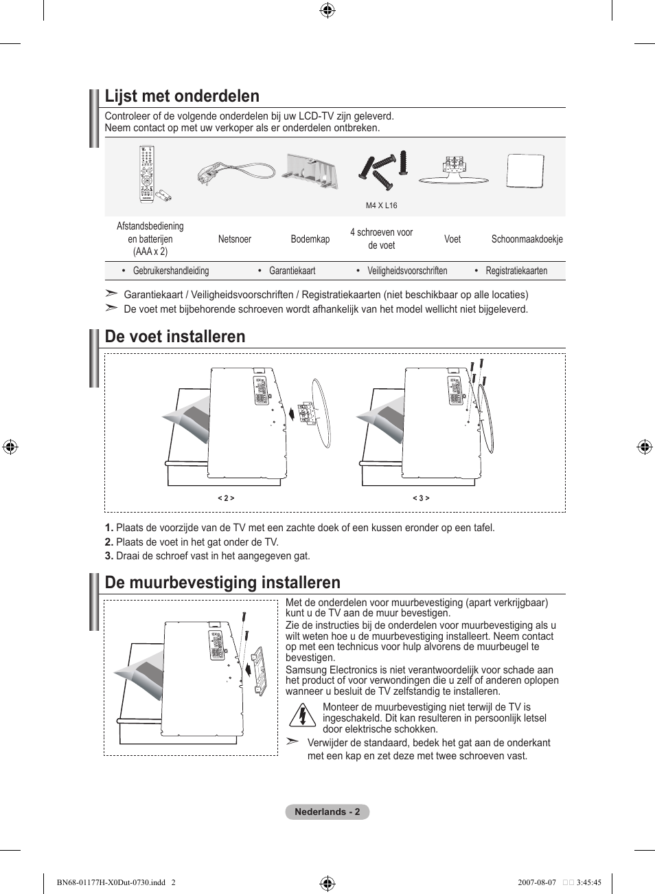 Lijst met onderdelen, De voet installeren, De muurbevestiging installeren | Samsung LE22S81B User Manual | Page 118 / 461