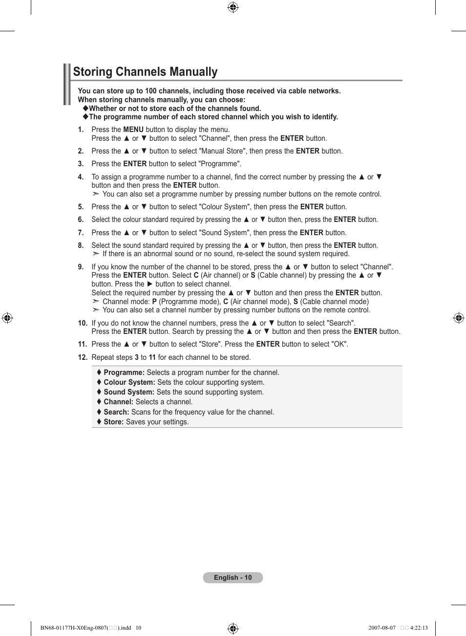 Storing channels manually | Samsung LE22S81B User Manual | Page 12 / 461