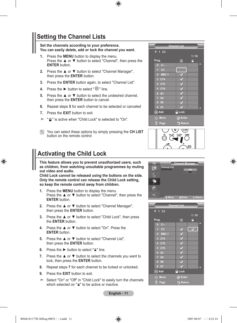Setting the channel lists, Activating the child lock | Samsung LE22S81B User Manual | Page 13 / 461
