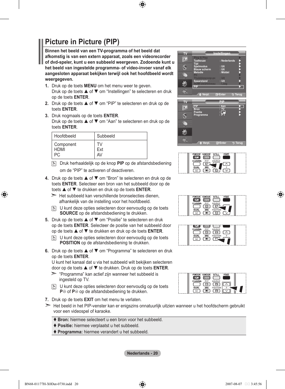 Picture in picture (pip) | Samsung LE22S81B User Manual | Page 136 / 461