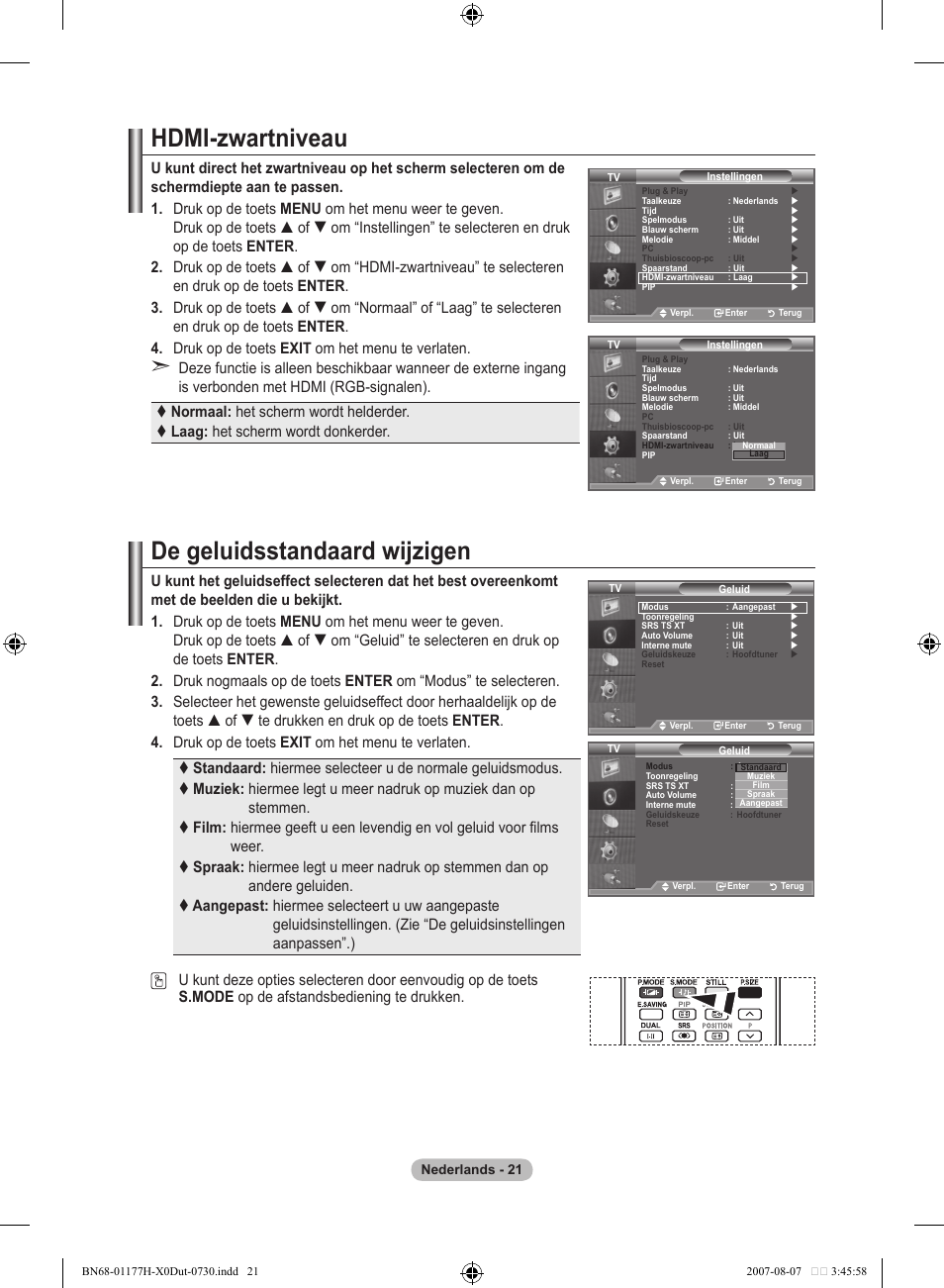 Hdmi-zwartniveau, De geluidsstandaard wijzigen | Samsung LE22S81B User Manual | Page 137 / 461