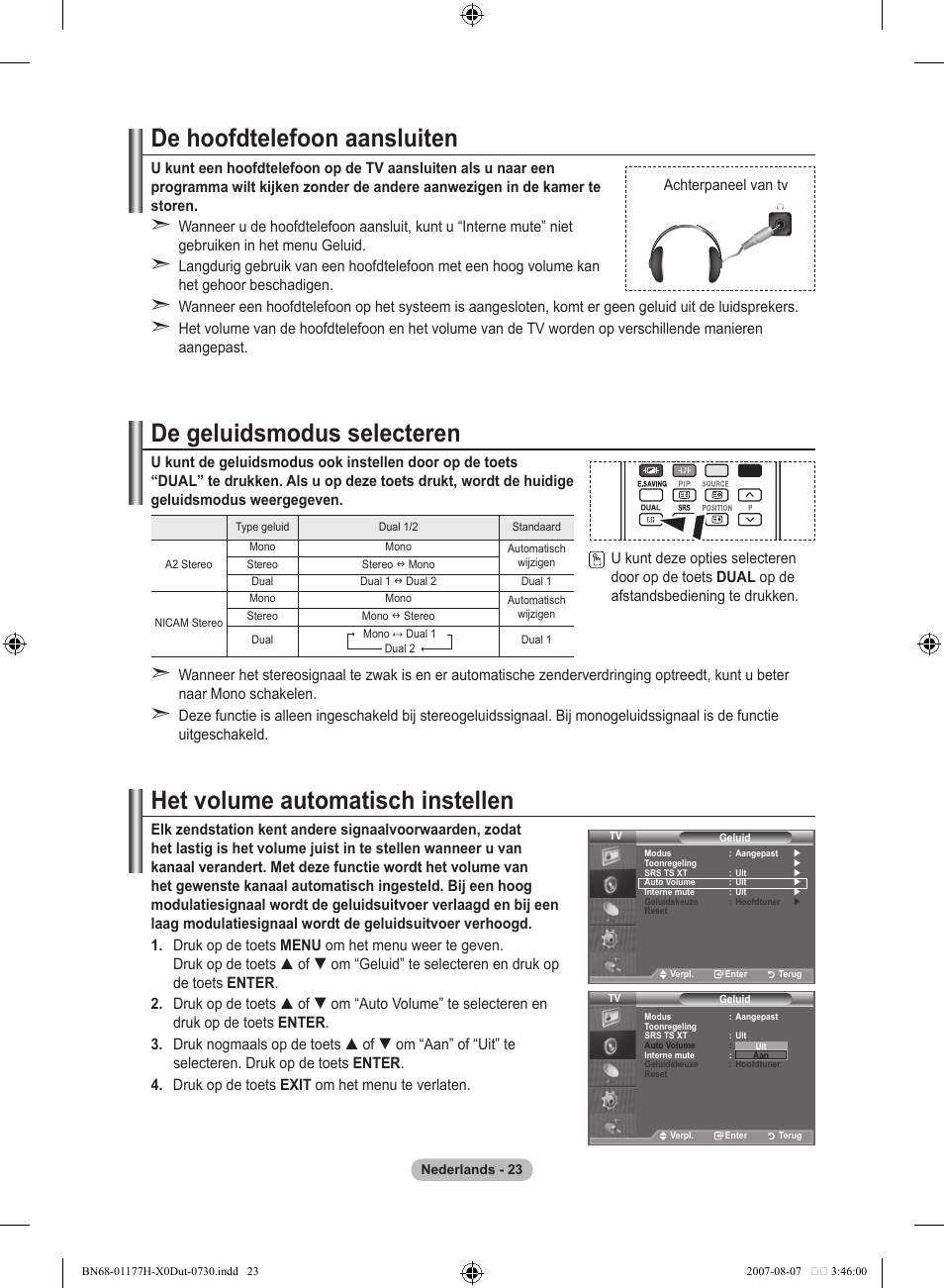 De hoofdtelefoon aansluiten, De geluidsmodus selecteren, Het volume automatisch instellen | Samsung LE22S81B User Manual | Page 139 / 461