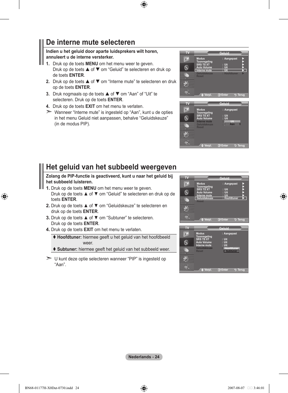 De interne mute selecteren, Het geluid van het subbeeld weergeven | Samsung LE22S81B User Manual | Page 140 / 461