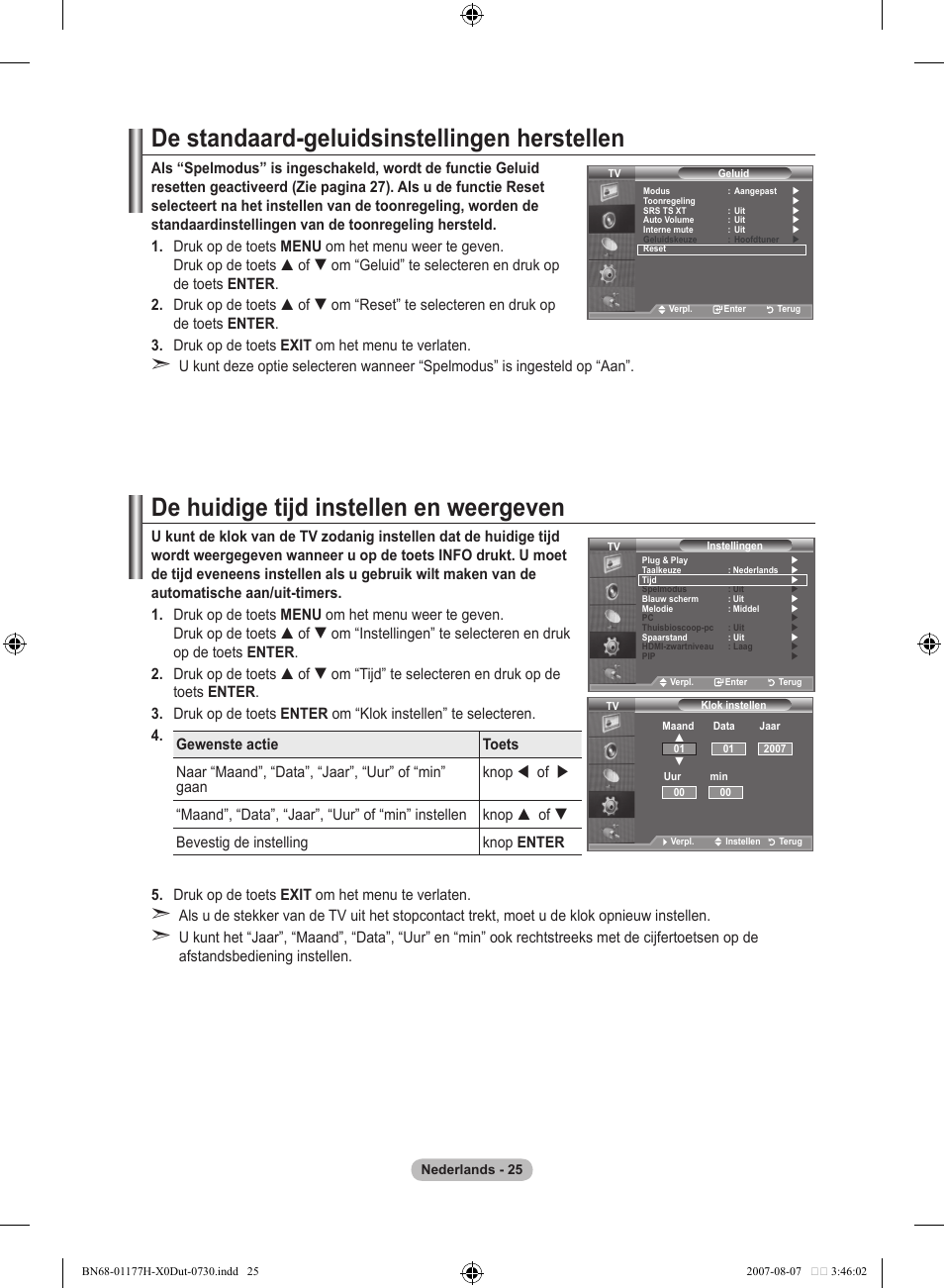 De standaard-geluidsinstellingen herstellen, De huidige tijd instellen en weergeven | Samsung LE22S81B User Manual | Page 141 / 461