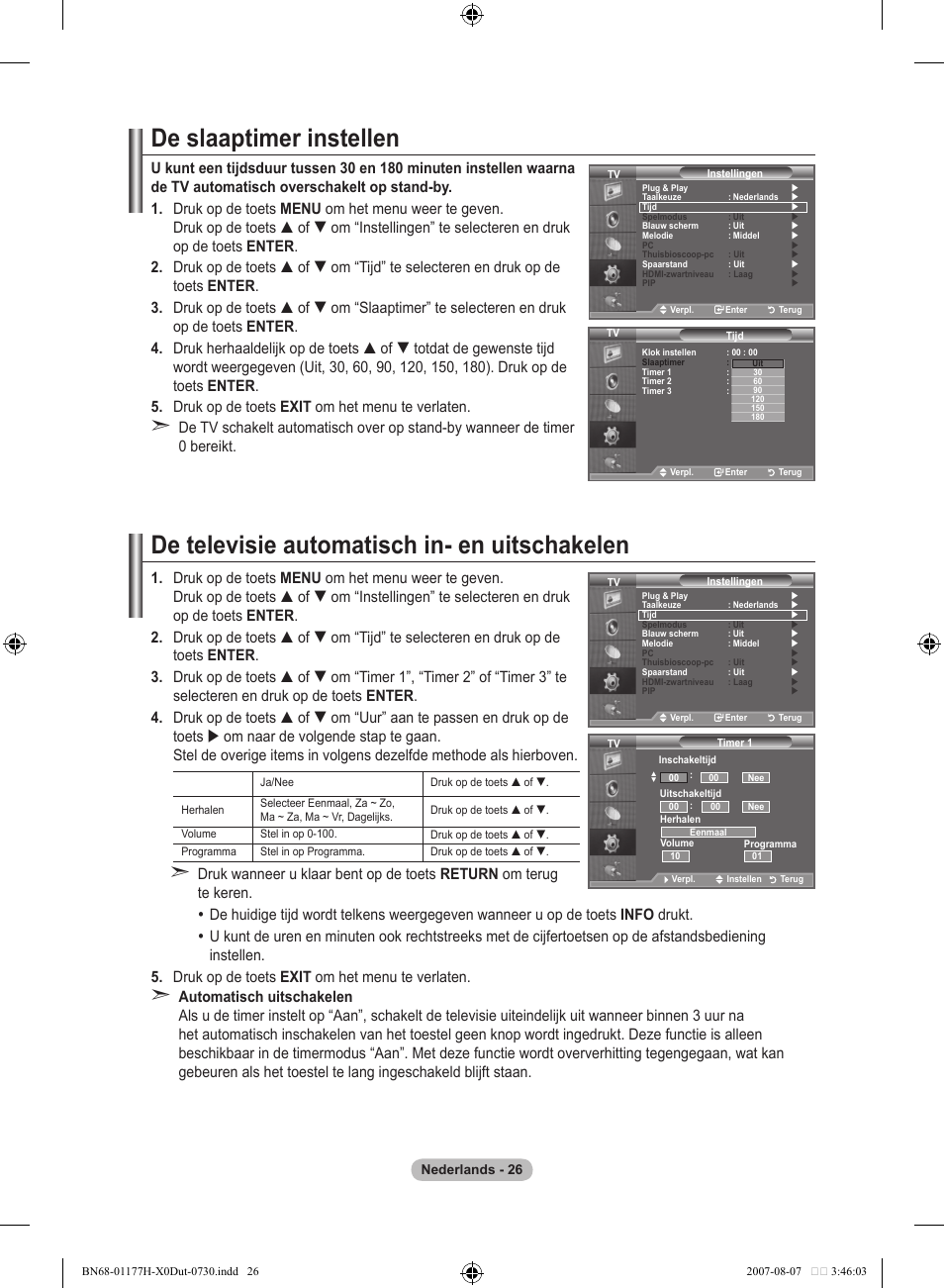 De slaaptimer instellen, De televisie automatisch in- en uitschakelen | Samsung LE22S81B User Manual | Page 142 / 461