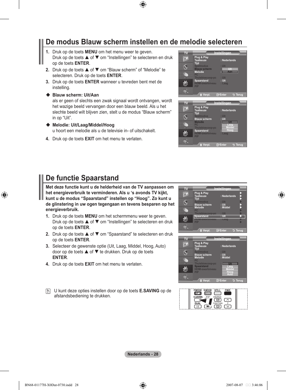 De functie spaarstand | Samsung LE22S81B User Manual | Page 144 / 461