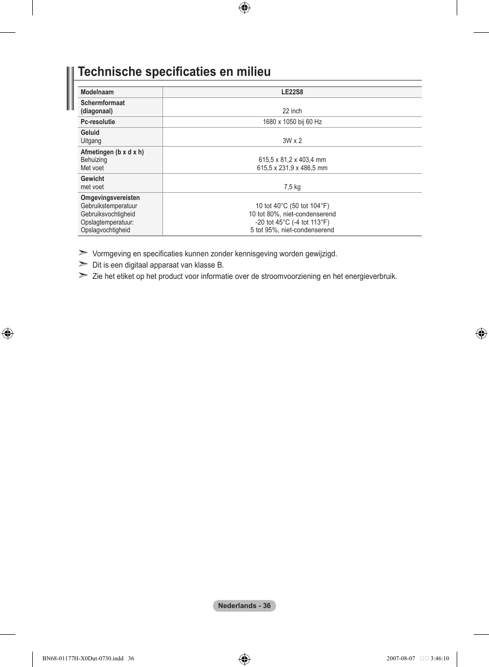 Technische specificaties en milieu | Samsung LE22S81B User Manual | Page 152 / 461