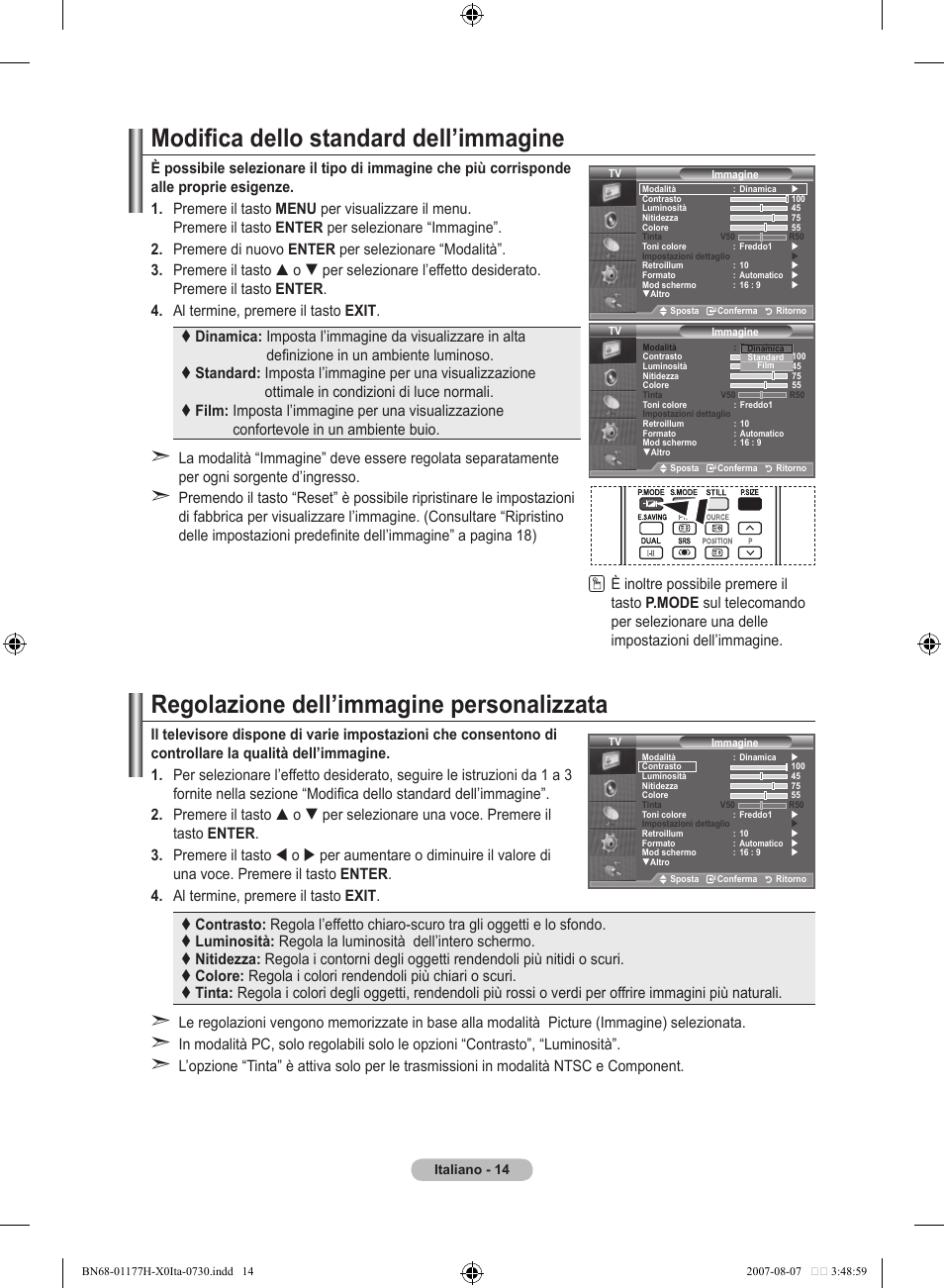 Modifica dello standard dell’immagine, Regolazione dell’immagine personalizzata | Samsung LE22S81B User Manual | Page 168 / 461