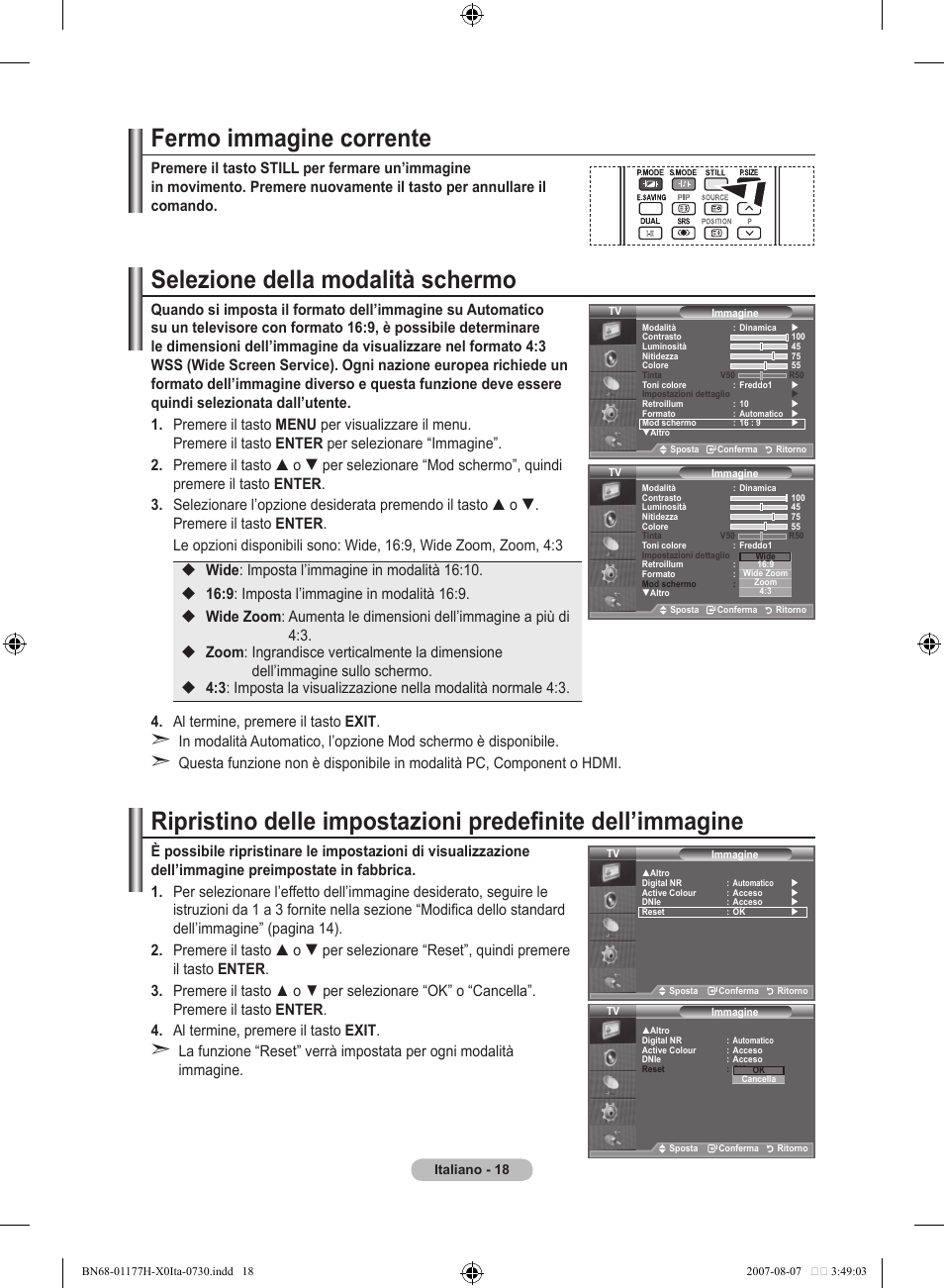 Fermo immagine corrente, Selezione della modalità schermo | Samsung LE22S81B User Manual | Page 172 / 461