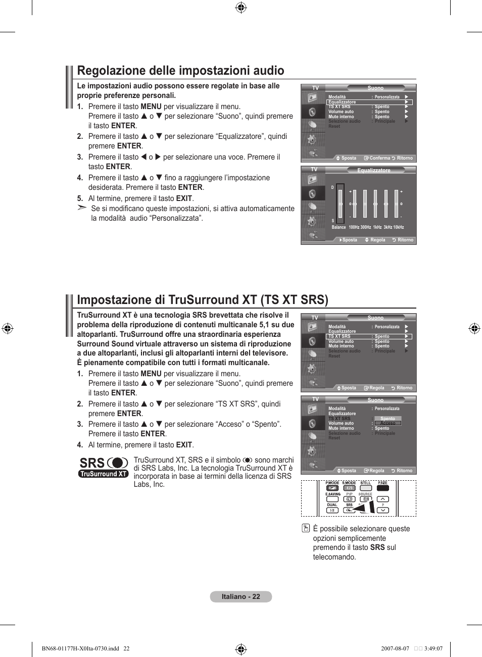 Regolazione delle impostazioni audio, Impostazione di trusurround xt (ts xt srs) | Samsung LE22S81B User Manual | Page 176 / 461