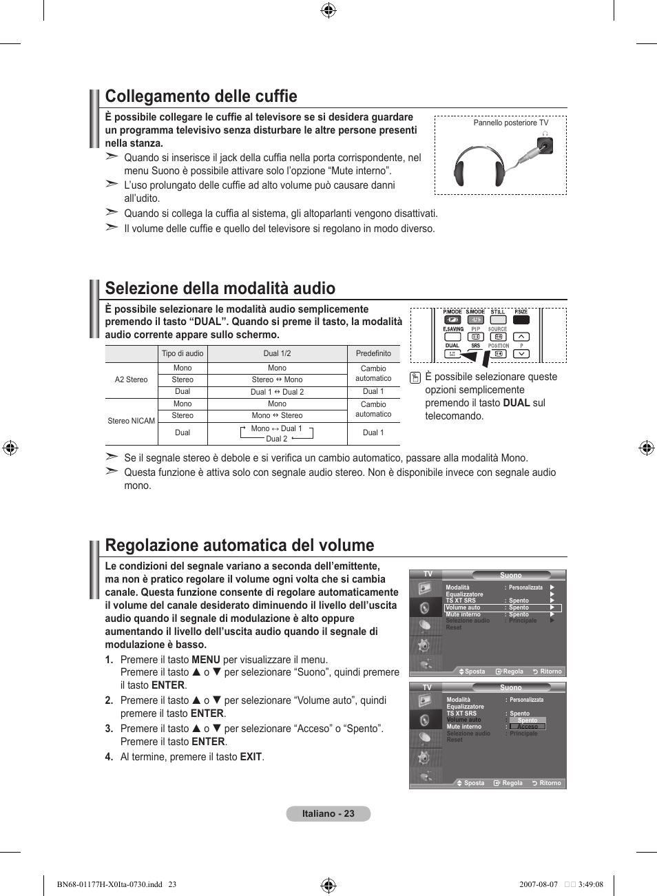 Collegamento delle cuffie, Selezione della modalità audio, Regolazione automatica del volume | Samsung LE22S81B User Manual | Page 177 / 461