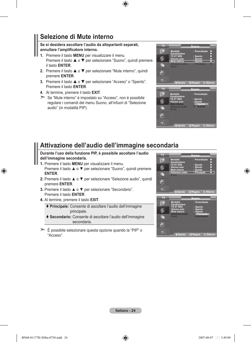 Selezione di mute interno, Attivazione dell’audio dell’immagine secondaria | Samsung LE22S81B User Manual | Page 178 / 461